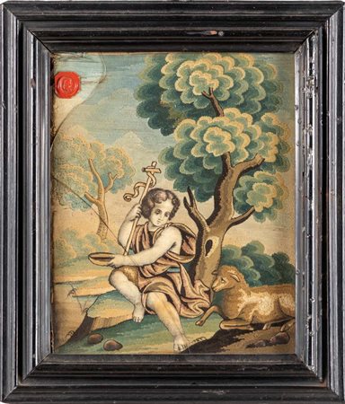 Arte salentina del XVIII secolo - San Giovannino con l'agnello Timbro di ceralacca in alto a sinistra; cornice...