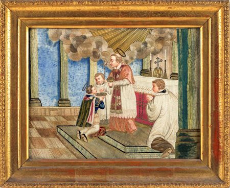 Arte salentina del XVIII secolo - San Luigi Gonzaga riceve la prima comunione da San Carlo Borromeo cornice...