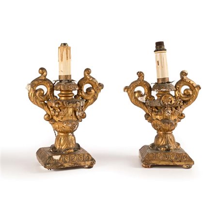 Coppia di portapalme in legno dorato, Italia settentrionale, XVIII secolo...
