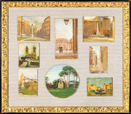 AA.VV. - Otto piccoli dipinti in un'unica cornice quattro anonimi, due firmati Dante...