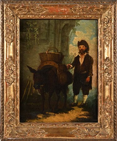 Scuola dell'italia settentrionale XVIII secolo - Scena di genere con figura di contadino e asinello olio su tela cm 29x22 -...