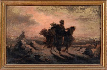 Scuola Italiana del XIX secolo - Loth e le figlie in fuga da Sodoma Olio su tela cm 23 x 37,5 - in cornice cm...