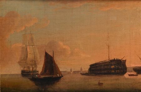 Scuola Europea del XIX secolo - Bastimenti al largo di una città olio su tela cm 25 x 35,5 - in cornice cm 44...