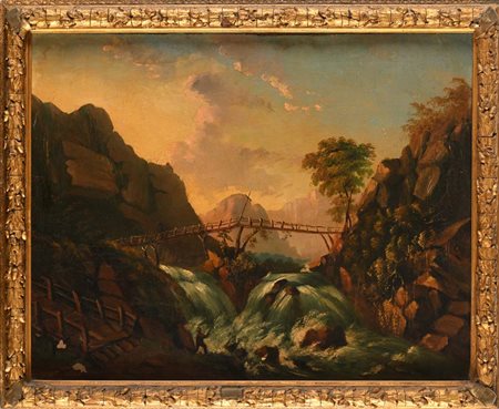 Pittore degli inizi del XX secolo - Paesaggio nordico con ponte di legno e cascata olio su tela cm 40x50 - in...