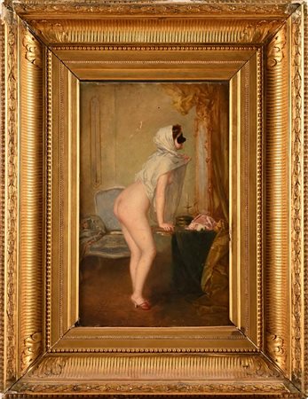 Scuola francese del XIX secolo - Interno con figura femminile nuda con velo e maschera che si specchia cfr....