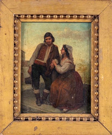 Scuola Italiana del XIX secolo - Giovane coppia di contadini Olio su tavola cm 23,5 x 18 - in cornice cm 32 x 27