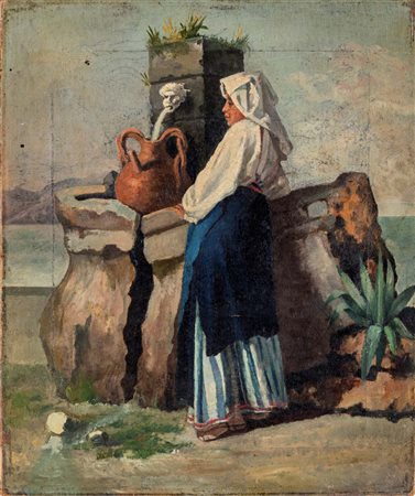 Scuola italiana fine del XIX secolo - Giovane popolana alla fonte Olio su tela, senza cornice cm 40 x 33