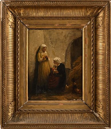 Scuola francese del XIX secolo - Donna che allatta e donna che cuce olio su tela cm 35 x 27,5 - in cornice cm...