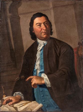 Pittore del XVIII secolo - Ritratto di gentiluomo architetto olio su tela cm 99x74,5