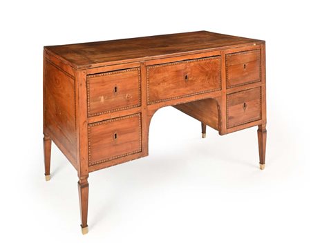 Scrivania da centro a bancone in noce con profili intarsiati, Italia...