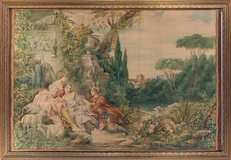 Paesaggio arcadico con scena galante XX secolo Firmato in basso a destra:...