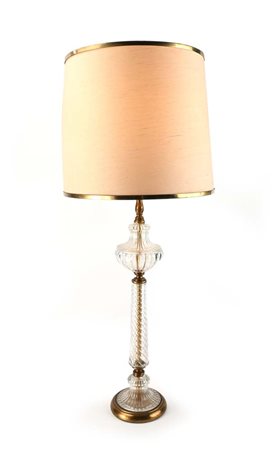 Lampada da tavolo in vetro e ottone dorato, XX secolo completa di paralume...