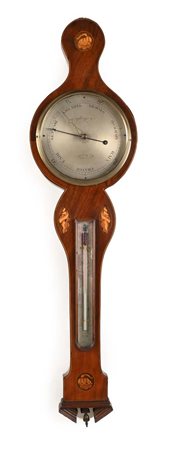 Barometro a banjo in mogano con intarsi in legno di frutto, Inghilterra, XIX...