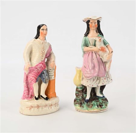 Due figure in ceramica policroma, Inghilterra, Staffordshire, fine del XIX...