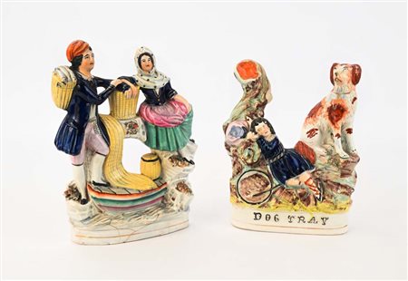 Due gruppi in ceramica policroma, Inghilterra, Staffordshire, XIX secolo...