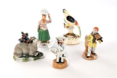 Cinque figure in terraglia e in porcellana policroma, varie manifatture, XIX...