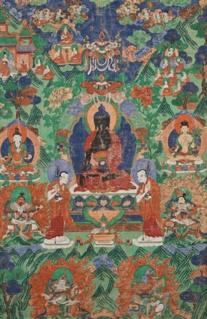 Antico thangka tibetano raffigurante Amitabha Buddha in trono a fior di loto...