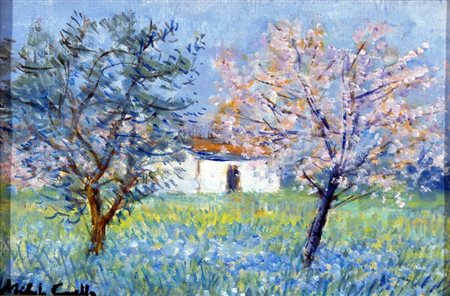 CASCELLA MICHELE (Ortona 1892 - Milano 1989) "Alberi con casa" Olio su tela...