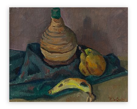 RAFFAELE DE GRADA (1885-1957) - Natura morta con fiaschetto, banana e pera, 1949