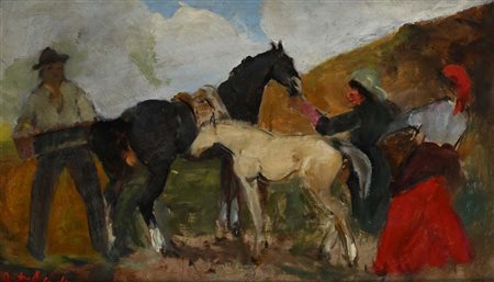 Alfredo Del Sordo Otranto 1905 - Roma 1961 Contadini con cavallo e puledro...