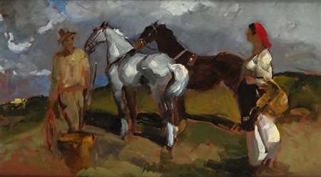 Alfredo Del Sordo Otranto 1905 - Roma 1961 coppia di contadini in sosta con...