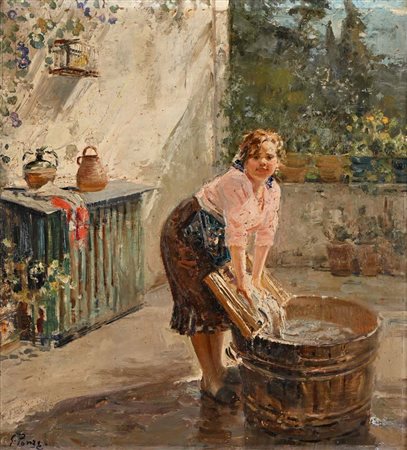 Giovanni Panza Miseno 1894 - Napoli 1989 Giovane lavandaia in terrazza...