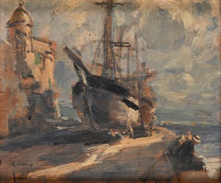 Gennaro Villani Napoli 1885 - Napoli 1948 Scorcio di borgo marinaro con barca...