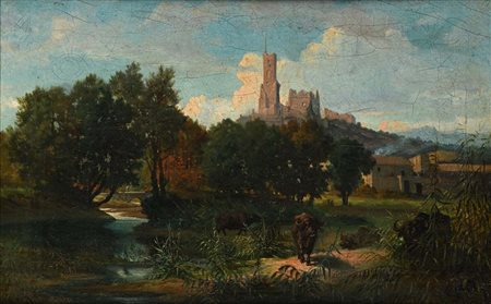 Scuola romana del XIX secolo Bufali nei pressi di un ruscello con un antico...