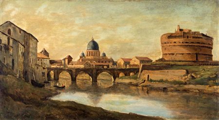 Scuola europea prima metà del XIX secolo Veduta di Roma con Castel...