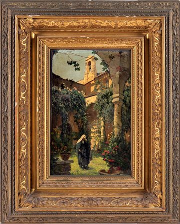 Othmar Brioschi 1854 - 1912 Suora nel chiostro di un antico convento Firmato...