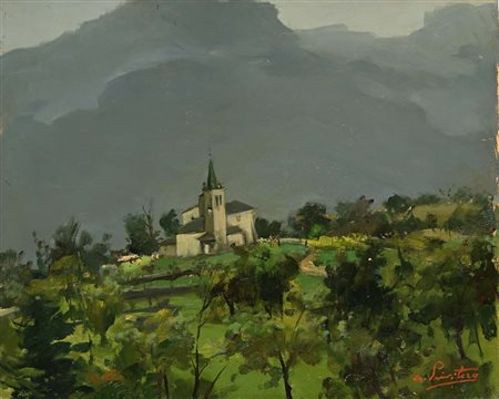 Antonio Privitera 1910 - 1989 Paesaggio collinare con chiesetta Firmato: 'A....