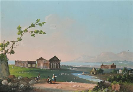 Scuola Napoletana del XIX secolo Pestum, veduta degli antichi templi e della...