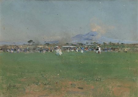 Giuseppe Casciaro Ortelle 1863 - Napoli 1941 Festa in campagna con il Vesuvio...