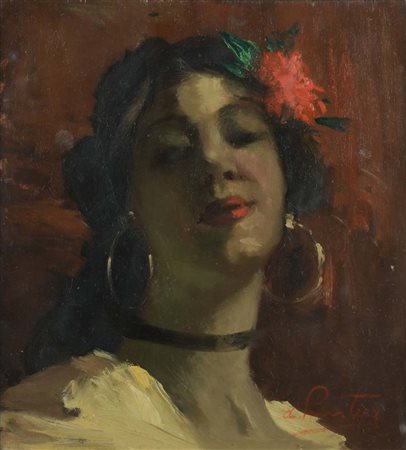 Antonio Privitera 1910 - 1989 Ritratto di giovane donna con fiore tra i...