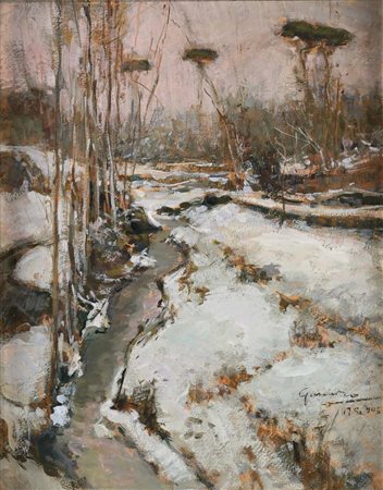 Giuseppe Casciaro Ortelle 1863 - Napoli 1941 Paesaggio di campagna innevato...