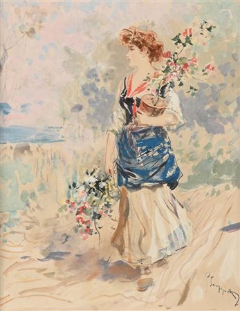 Pietro Scoppetta Amalfi 1863 - Napoli 1920 Giovane popolana con vaso e mazzo...