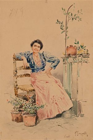 Pietro Scoppetta Amalfi 1863 - Napoli 1920 Acquaiola con vasi di fiori...