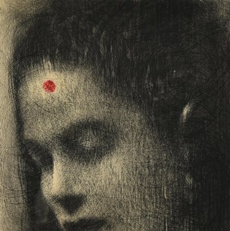Omar Galliani (1954) NUOVI SANTI tecnica mista su tavola, cm 20x20 sul retro:...
