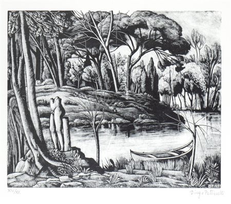 DIEGO PETTINELLI
(Roma 1897 - 1989)
 Paesaggio con lago, barca e scultura antica, 1937