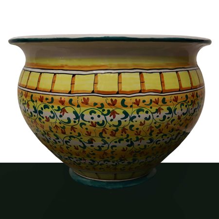 Monteleone Bottega d'arte  Caltagirone - Cachepot in maiolica di Caltagirone dipinta policroma  a fiori e foglie su base gialla