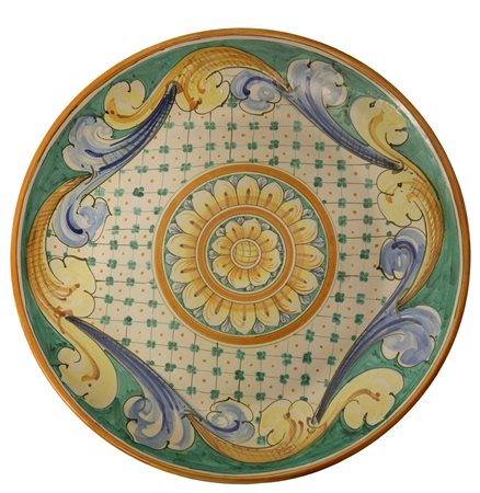 Grande piatto decorativo in ceramica con raffigurazione di fiori.
