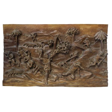 Ignazio Russo - Pannello ligneo scolpito e intagliato a rilievo e bassorilievo su legno di noce , Scena della Chanson de Roland dei paladini di Francia , First half of the 20° secolo