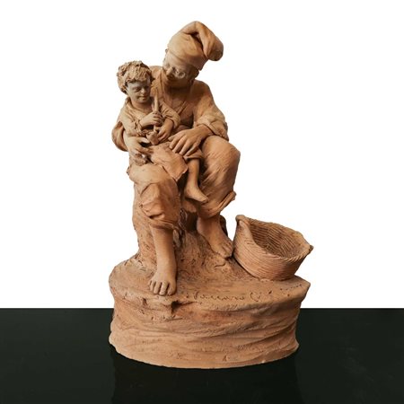 Giacomo Vaccaro (Caltagirone 1847 - 1931)  - Uomo con bambino e pipa