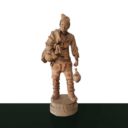Bongiovanni Vaccaro (Caltagirone  1807 - Caltagirone 28 novembre 1889)  - Contadino con fiasca, scultura in terracotta monocroma