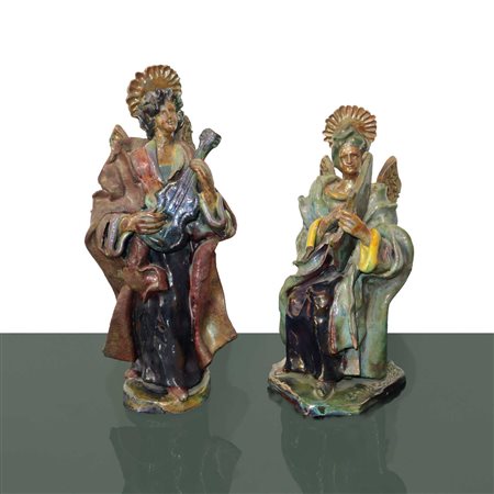 Giuseppe Bonaccorso (Caltagirone 1907 - 1993)  - Coppia di angeli musicanti policromi al lustro, 1940s/1950s