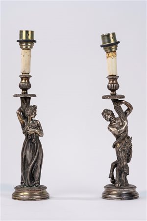 Coppia di candelieri, con satiro e ninfa, Italy, 20th century