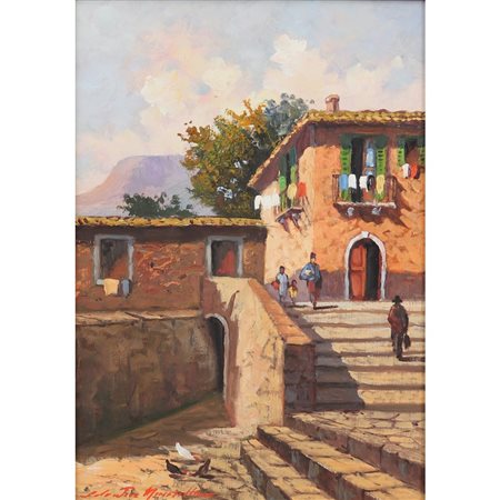 SALVATORE MANZELLA, Scalinata a Taormina, Olio su tavola