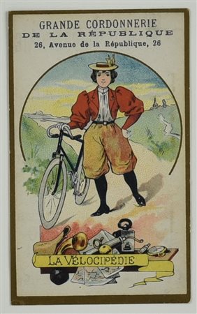 LA VELOCIPEDIE, 1890 circa cromolitografia, cm 25,8x20,8 (con cornice)...