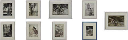 LOTTO DI NOVE CROMOLITOGRAFIE, 1906 dimensioni varie, in cornice sul retro di...