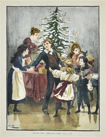 ROUND THE CHRISTMAS TREE, Inghilterra 1880 litografia con acquarellatura...